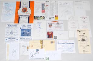 Football autographs. Selection of signatures on labels, paper pieces, cards, menus, programme etc. Signatures include Alan Kennedy, Tom Finney, Tommy Smith, Nat Lofthouse, Frank Worthington, Ray Treacy, Trevor Francis, Peter Crouch, David Johnson, Ronnie 