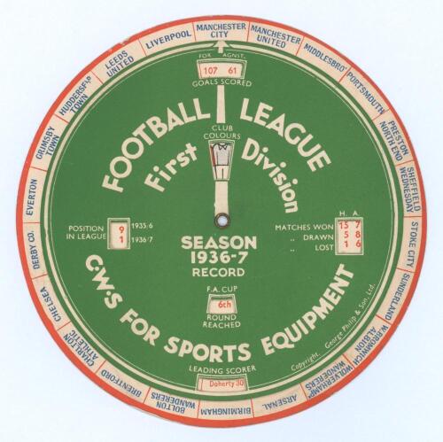 ‘Football League First Division. Season 1936-37 Record’. Circular cards, two cards, one slightly smaller than the other joined at the centre with team names printed around the edge, as you turn the cards it reveals in small cut out boxes, the teams positi