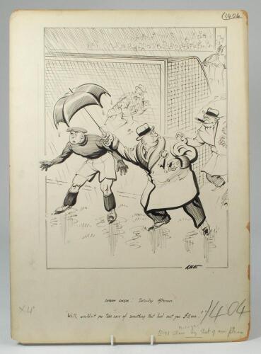 ‘London Laughs: Saturday Afternoon’. Excellent, large and original pen and ink drawing artwork, by artist Joseph Lee, depicting what appears to be the football club Chairman holding an umbrella over the teams goalkeeper during the match to protect him fro