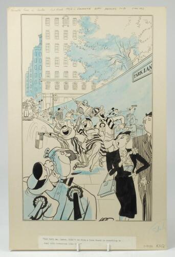 ‘F.A. Cup Final. Newcastle United v Arsenal 1952’. Excellent and original pen and ink drawing artwork, heightened with colour, by artist Joseph Lee, showing Newcastle United fans celebrating on Park Lane having beaten Arsenal 1-0 in the Final. Newcastle f