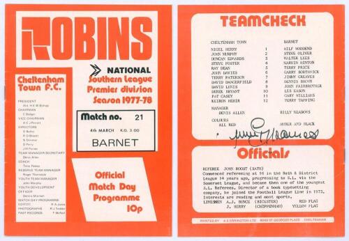 Jimmy Greaves. Official programme for the Southern League Premier Division match, Cheltenham Town v. Barnet, 4th March 1978. Signed to the team listing to rear cover by Greaves. VG.