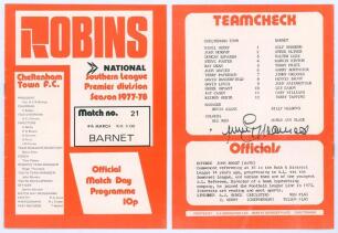 Jimmy Greaves. Official programme for the Southern League Premier Division match, Cheltenham Town v. Barnet, 4th March 1978. Signed to the team listing to rear cover by Greaves. VG.