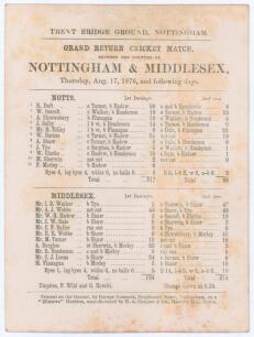 &lsquo;Grand Return Cricket Match between the counties of Nottingham & Middlesex&rsquo; 1876. Early original double sided scorecard with complete printed scores for the match played at Trent Bridge, 17th- 19th August 1876.