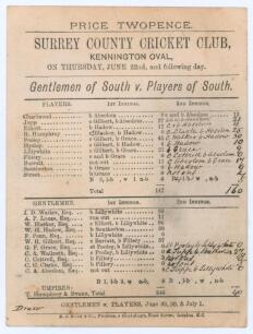 &lsquo;Gentlemen of South v. Players of South&rsquo; 1876. Early original scorecard for the match played at Kennington Oval 22nd & 23rd June 1876. Complete printed and handwritten scores in ink.