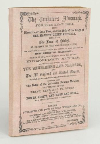 Wisden Cricketers’ Almanack 1864. 1st edition. Replica wrappers and spine paper. A fragment of the original front wrapper is bound in to the front of the book with ink inscription dated 1864. Sadly the book is lacking one page, being page 97/98. shorter t