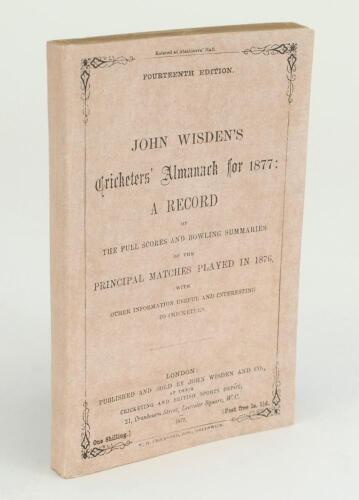 Wisden Cricketers’ Almanack 1877. 14th edition. Replica wrappers and spine paper. Trimming by the binder a little tight in places otherwise in good condition. Pages checked, complete. Rare