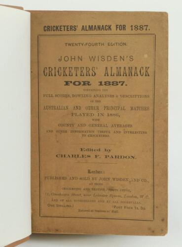 Wisden Cricketers’ Almanack 1887. 24th edition. Bound in light brown boards, with original paper wrappers, gilt titles to spine. Minor darkening to wrappers, minor marks to page block otherwise in very good condition