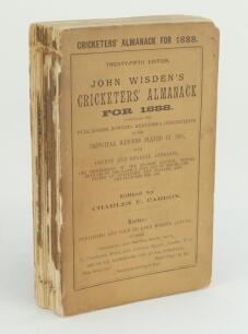 Wisden Cricketers’ Almanack 1888. 25th edition. Original paper wrappers. Breaking to spine block, wear and loss to spine paper, minor darkening to wrappers, breaking and broken page sections otherwise in good+ condition