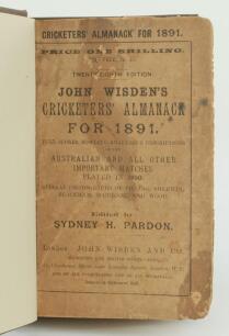 Wisden Cricketers’ Almanack 1891. 28th edition. Bound in brown boards, with original paper wrappers, gilt titles to spine. Soiled, darkened and repaired wrappers, soiling to page block, internally good