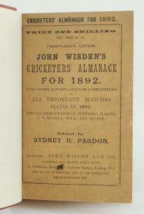 Wisden Cricketers’ Almanack 1892. 29th edition. Bound in reddish/brown boards, with original paper wrappers, gilt titles to spine, red speckled page edges. Ink mark to lower half of the front wrapper otherwise in very good/excellent condition