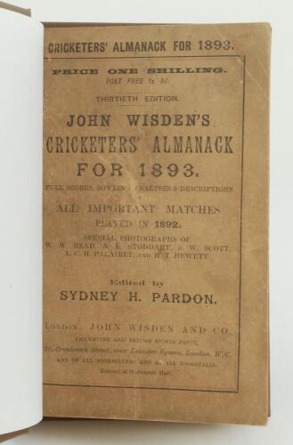 Wisden Cricketers’ Almanack 1893. 30th edition. Bound in brown boards, with original paper wrappers, gilt titles to spine. Some wear and darkening to wrappers otherwise in very good condition