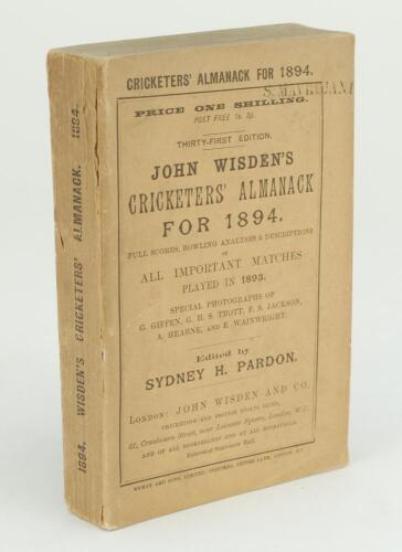 Wisden Cricketers’ Almanack 1894. 31st edition. Original paper wrappers. Name stamped to top corner of the front wrapper, very minor wear to spine paper otherwise in good/very good condition