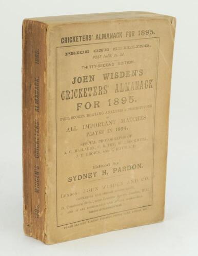 Wisden Cricketers’ Almanack 1895. 32nd edition. Original paper wrappers. Some wear and age toning to wrappers, some bowing to spine, darkening to spine paper, some darkening to internal page edges otherwise in good condition