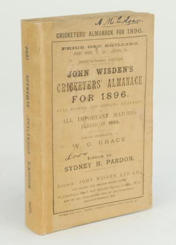 Wisden Cricketers’ Almanack 1896. 33rd edition. Original paper wrappers. Replacement spine and paper. Name of ownwership to top border of front wrapper, small one word annotation also and some wear to front wrapper. Some wear with slight loss to the top 