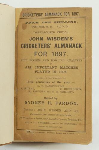 Wisden Cricketers’ Almanack 1897. 34th edition. Bound in brown boards, with original paper wrappers, gilt titles to front board and spine. Some age toning, wear and darkening to wrappers with small corner loss otherwise in very good condition