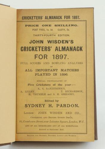 Wisden Cricketers’ Almanack 1897. 34th edition. Bound in brown boards, with original paper wrappers, gilt titles to front board. Very good/excellent condition. Ownership label of ‘Alfred D. Taylor, Collector of Cricketana’ to the back of the photographic 