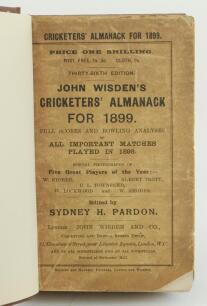 Wisden Cricketers’ Almanack 1899. 36th edition. Bound in brown boards, with original paper wrappers, gilt titles to front board and spine. Poor worn, soiled and darkened wrappers with some loss to corners and to text, internally good,