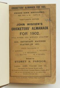 Wisden Cricketers’ Almanack 1902. 39th edition. Bound in brown boards, with original paper wrappers, gilt titles to front board and spine. Some soiling, darkening, staining and wear to wrappers, minor wear to lower corner of the front wrapper, internally