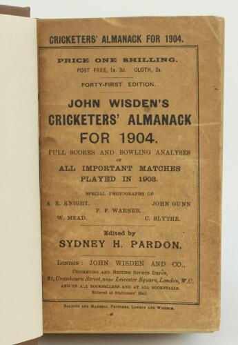 Wisden Cricketers’ Almanack 1904. 41st edition. Bound in brown boards, with original paper wrappers, gilt titles to front board and spine. Some darkening, staining and minor wear to wrappers otherwise in good condition