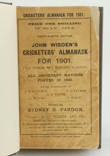 Wisden Cricketers’ Almanack 1901 and 1905. 38th and 42nd editions. Both bound in brown boards, with original paper wrappers, gilt titles to spine. Both editions formerly owned by writer Gerald Brodribb with his name in gilt to the bottom right hand corner