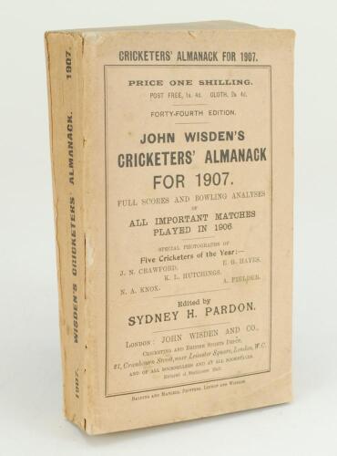 Wisden Cricketers’ Almanack 1907. 44th edition. Original paper wrapper. Some minor wear to wrappers, some minor wear with small loss to the front wrapper where it meets the spine paper and to the top of the front wrapper otherwise in good+ condition