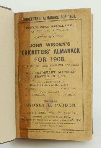 Wisden Cricketers’ Almanack 1908. 45th edition. Bound in brown boards, with original paper wrappers, gilt titles to front board and spine. Some wear and soiling to wrappers, vertical strip of old tape to edge of the wrappers where it meets the spine at fr