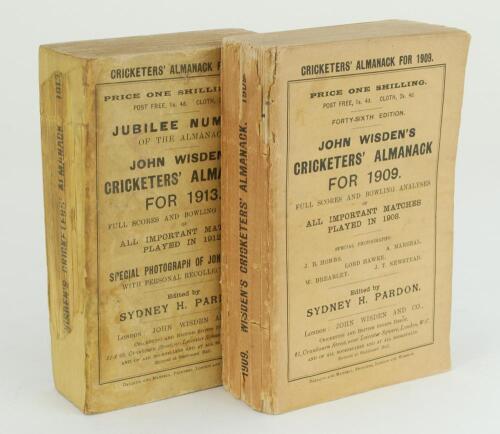 Wisden Cricketers’ Almanack 1909 and 1913. 46th & 50th editions. Original paper wrappers. The 1909 edition with broken spine block, wear and loss to spine, page sections becoming loose otherwise in good condition. The 1913 edition with soiled and worn wra