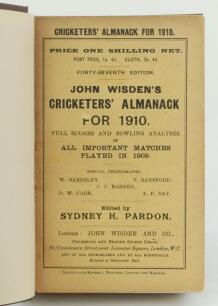 Wisden Cricketers’ Almanack 1910. 47th edition. Bound in brown boards, with original paper wrappers, gilt titles to front board and spine. The front wrapper cleanly detached, very minor loss to the surface of the front wrapper title text on one letter oth