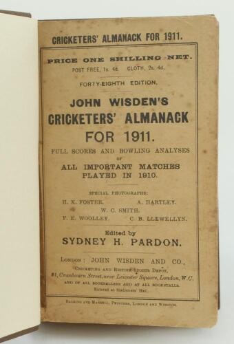 Wisden Cricketers’ Almanack 1911. 48th edition. Bound in brown boards, with original paper wrappers, gilt titles to front board and spine. Some foxing to front wrapper, odd spot to the rear wrapper, wear and slight damage to page 415/416 otherwise in goo