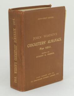 Wisden Cricketers’ Almanack 1914. 51st edition. Original hardback. Broken front internal hinges, some wear to boards and board extremities, minor bumping to corners, wrinkling to spine paper otherwise in good condition