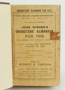 Wisden Cricketers’ Almanack 1915, 1922 and 1924. 52nd, 59th & 61st editions. All three bound in brown boards, with original paper wrappers, gilt titles to front board and spine with the exception of the 1924 edition which is lacking its front wrapper. The