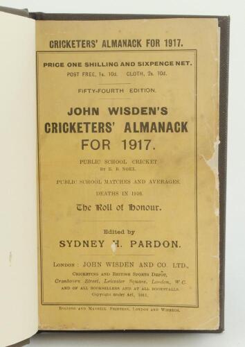 Wisden Cricketers’ Almanack 1917. 54th edition. Bound in brown boards, original paper wrappers, titles in gilt to spine. This edition formerly owned by writer Gerald Brodribb with his name in gilt to the bottom right hand corner of the front board and sig