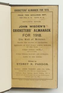 Wisden Cricketers’ Almanack 1918. 55th edition. Bound in brown boards, original paper wrappers, titles in gilt to spine. This edition formerly owned by writer Gerald Brodribb with his name in gilt to the bottom right hand corner of the front board and sig