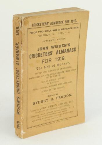 Wisden Cricketers’ Almanack 1919. 56th edition. Original paper wrappers. Some minor wear and soiling to wrappers, some wear with some loss to the spine paper otherwise in good/very good condition. Rare war-time edition