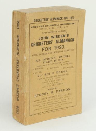 Wisden Cricketers’ Almanack 1920. 57th edition. Original paper wrappers. The spine of the book appears to have had some restoration, general light wear to the wrappers otherwise in good+ condition