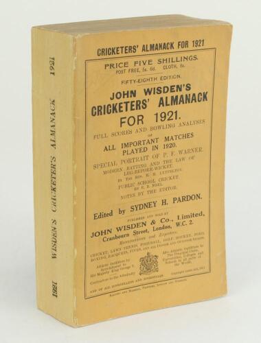 Wisden Cricketers’ Almanack 1921. 58th edition. Original paper wrappers. Replacement spine paper, minor wear to wrappers otherwise in good/very good condition