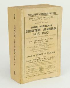 Wisden Cricketers’ Almanack 1923. 60th edition. Original paper wrappers. Replacement spine paper, minor wear to wrappers otherwise in good/very good condition