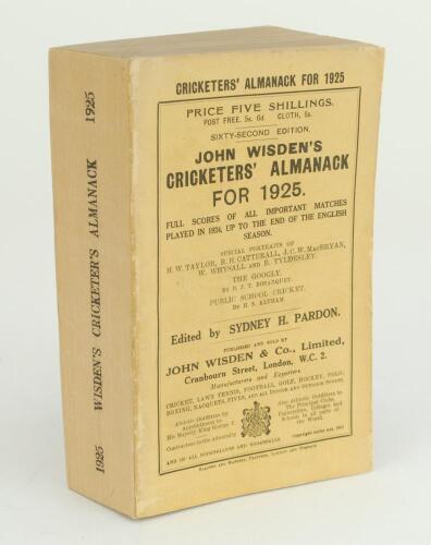 Wisden Cricketers’ Almanack 1925. 62nd edition. Original paper wrappers. Replacement spine paper otherwise in good/very good condition