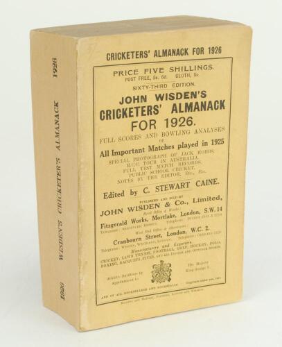 Wisden Cricketers’ Almanack 1926. 63rd edition. Original paper wrappers. Replacement spine paper otherwise in good+ condition