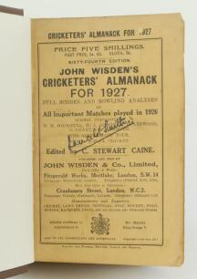 Wisden Cricketers’ Almanack 1927. 64th edition. Bound in brown boards, with original paper wrappers, titles in gilt to spine. Ink signature of ownership to centre of front wrapper, minor wear and soiling to wrappers otherwise in good condition