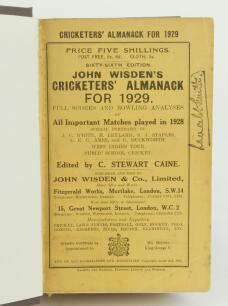 Wisden Cricketers’ Almanack 1929. 66th edition. Bound in brown boards, with original paper wrappers, titles in gilt to spine. Ink signature of ownership to edge of front wrapper, minor wear and soiling to wrappers otherwise in good condition