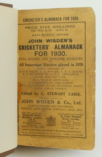 Wisden Cricketers’ Almanack 1930. 67th edition. Bound in brown boards, with original paper wrappers, titles in gilt to spine. Soiling and some wear to wrappers otherwise in good condition