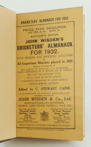 Wisden Cricketers’ Almanack 1932. 69th edition. Bound in brown boards, with original paper wrappers, titles in gilt to spine. Good/very good condition