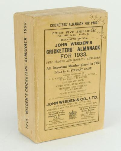 Wisden Cricketers’ Almanack 1933. 70th edition. Original paper wrappers. Ink signature and date to corner of front wrapper, minor wear to wrappers otherwise in good+ condition