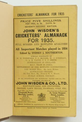 Wisden Cricketers’ Almanack 1935. 72nd edition. Bound in brown boards, with original paper wrappers, titles in gilt to front board and spine. Good/very good condition