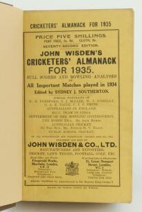 Wisden Cricketers’ Almanack 1935. 72nd edition. Bound in brown boards, with original paper wrappers, titles in gilt to front board and spine. Good/very good condition