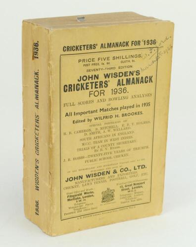 Wisden Cricketers’ Almanack 1936. 73rd edition. Original paper wrappers. Ink signature and date to corner of front wrapper, slight wear and wear to spine paper otherwise in good+ condition