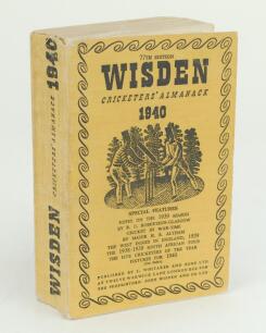 Wisden Cricketers’ Almanack 1940. 77th edition. Original cloth covers. Limited number of copies printed in this war year. Minor general wear to covers and spine otherwise in good condition. Rarer wartime edition