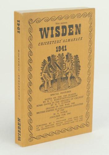 Wisden Cricketers’ Almanack 1941. 78th edition. Original limp cloth covers. Only 3200 paper copies printed in this war year. Generally good/very good condition. Rare war-time edition