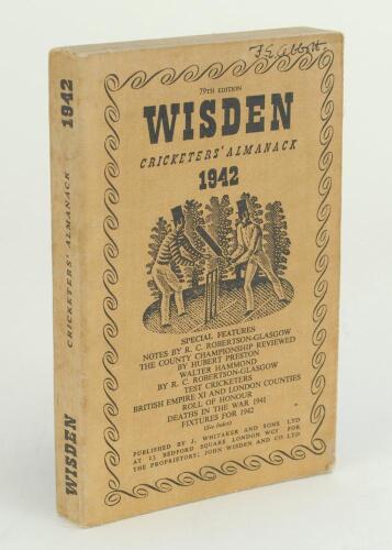 Wisden Cricketers’ Almanack 1942. 79th edition. Original limp cloth covers. Only 4100 paper copies printed in this war year. Ink signature to top edge of the front wrapper, slight discolouration to covers and spine otherwise in good/very good condition. R